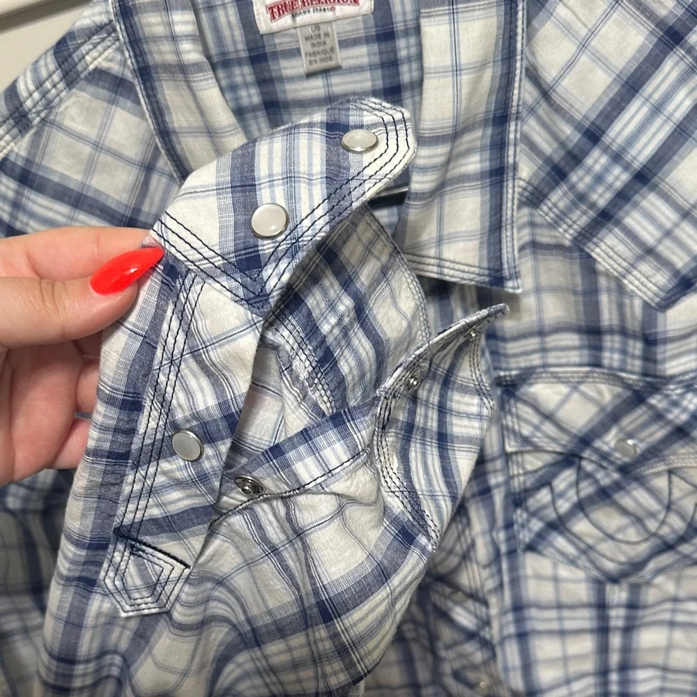 True Religion White and Blue Plaid Button-Down Shirt